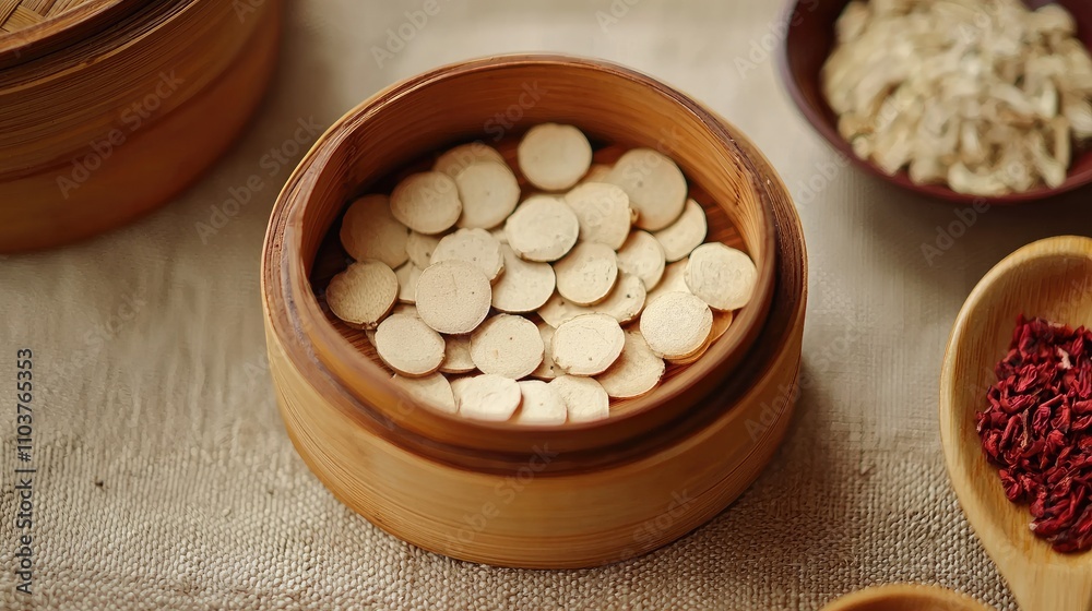 A wooden bowl filled with round, white tablets, surrounded by other bowls containing various ingredients on a textured surface. A wooden bowl filled with round, white tablets, surrounded by other bowls containing various ingredients on a textured surface.