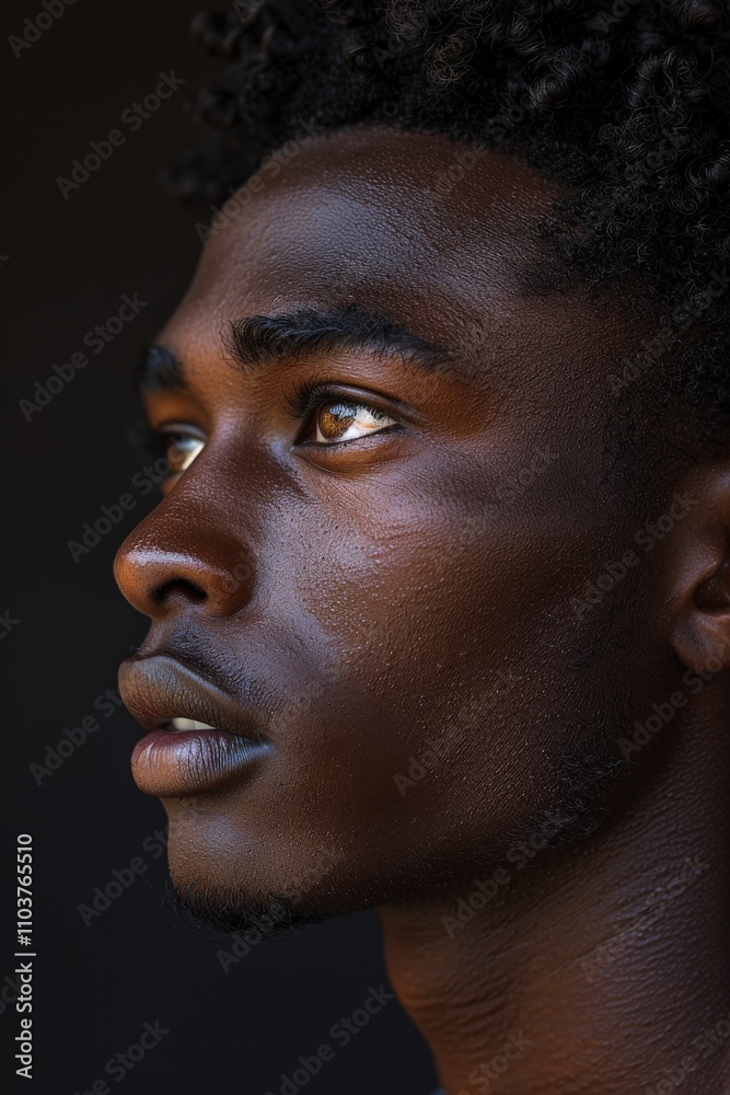 Close-up portrait of a young man with intense gaze and deep expression against a dark background highlighting facial features and texturePortrait Close-up portrait of a young man with intense gaze and deep expression against a dark background highlighting facial features and texturePortrait