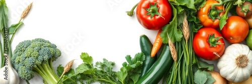 Watercolor hand drawn illustration of various fresh vegetables and fruits including corn, wheat, tomato, potato, broccoli, carrot, pepper, garlic, and zucchini, vegetables, broccoli, leaves