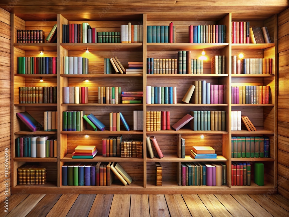 Realistic 3D Rendering of a Wooden Bookshelf Filled with Varied Books from a Library Perspective for Home Decor and Interior Design Inspiration Realistic 3D Rendering of a Wooden Bookshelf Filled with Varied Books from a Library Perspective for Home Decor and Interior Design Inspiration