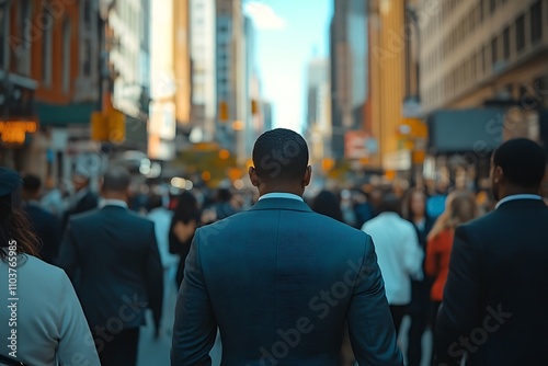 Anonymous Man in Navy Suit, Walking Through Urban Rush Hour Crowd