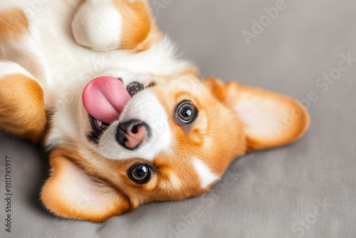 A playful corgi lays on its back with its tongue out, showcasing a cute and joyful expression, perfect for animal lovers. photo