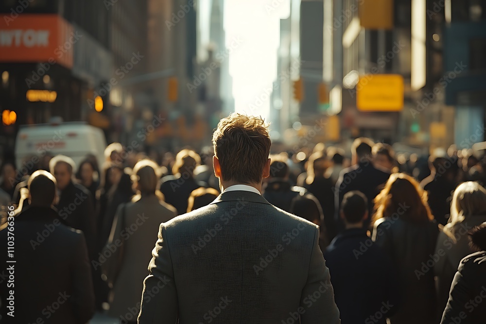 Anonymous Man in Suit Busy Cityscape Sunlight Anonymous Man in Suit Busy Cityscape Sunlight