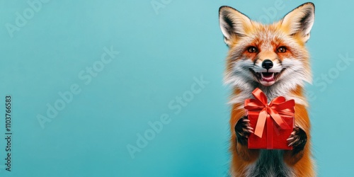 Happy fox holding a red gift box with a bow against a blue background. Postcard with copy space photo