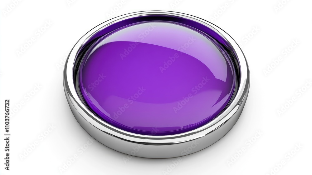 Glossy purple button with a round glass center and chrome frame, designed in 3D with a shiny finish, set against a clean white background. Glossy purple button with a round glass center and chrome frame, designed in 3D with a shiny finish, set against a clean white background.