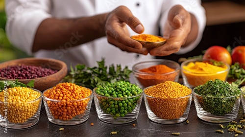 Chef Preparing Dal Tadka in Modern Kitchen with Fresh Ingredients Indian food cuisine