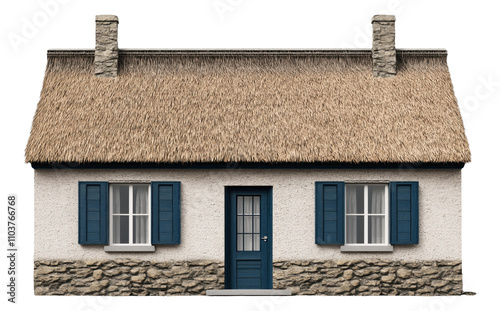 PNG Traditional cottage with thatched roof and stone chimney