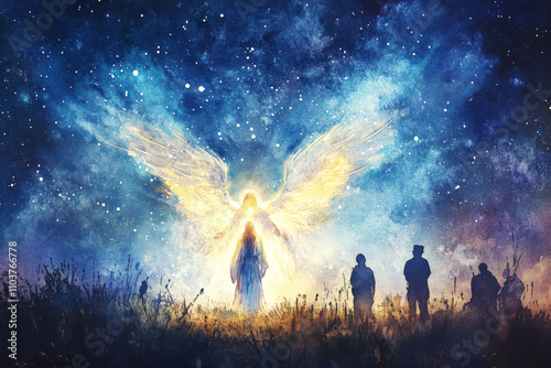 A digital watercolor painting of an angel appearing to shepherds in a field, the night sky filled with stars and the angel's radiant light shining down on them. The shepherds look in awe and reverence