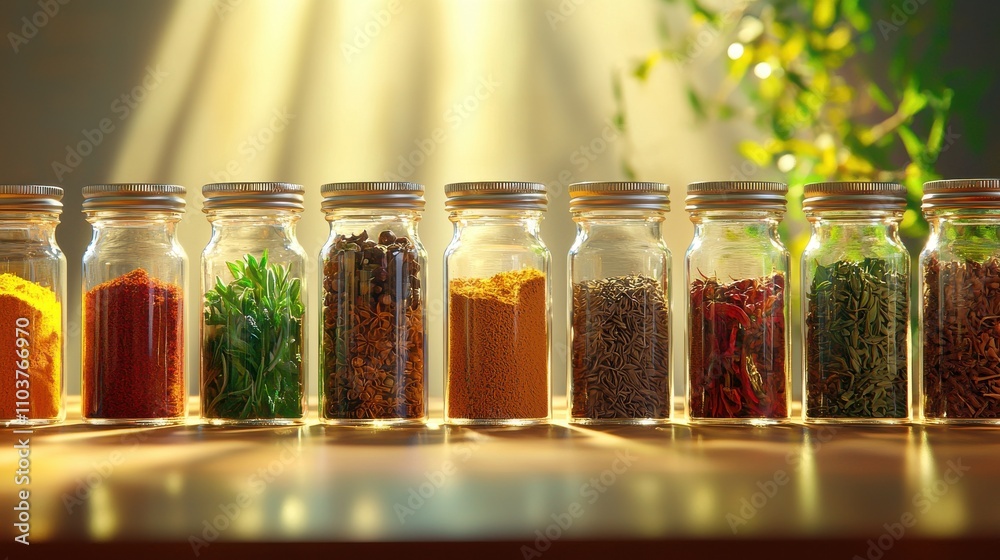 Colorful Dried Indian Spices and Herbs in Glass Jars Illuminated Indian food cuisine Colorful Dried Indian Spices and Herbs in Glass Jars Illuminated Indian food cuisine