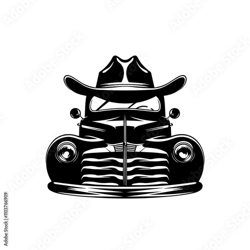 Stylized car with mafia hat design, monochrome.