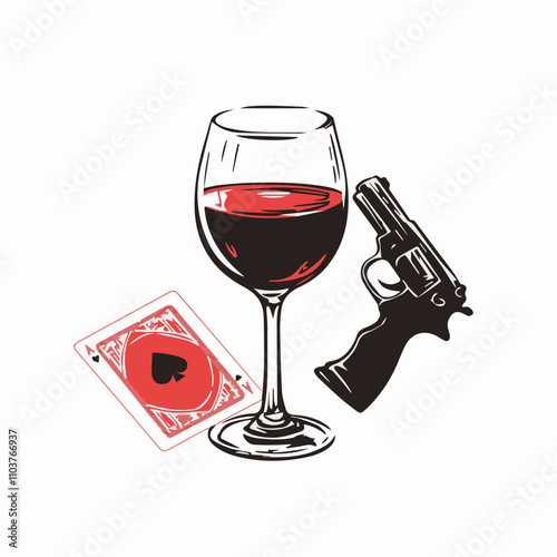 Stylized crime concept with wine glass, gun, and card