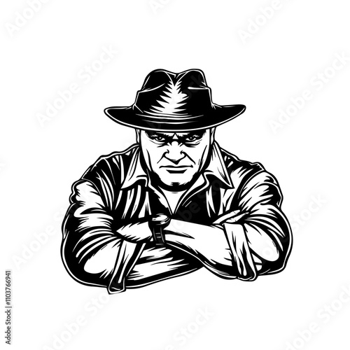 Gangster in hat folding arms with stern look