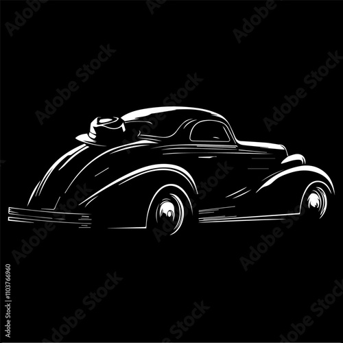 Stylized retro car with gangster hat, black and white.