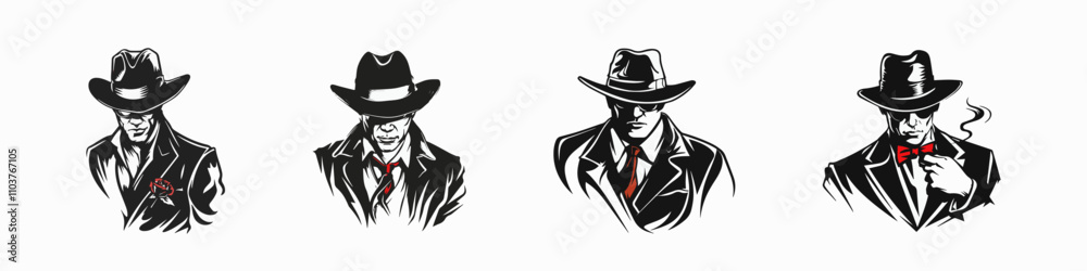 Stylized silhouettes of four gangster figures with hats Stylized silhouettes of four gangster figures with hats