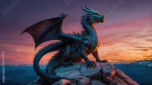 A dragon perched on a radiant mountain peak beneath an enchanting twilight.