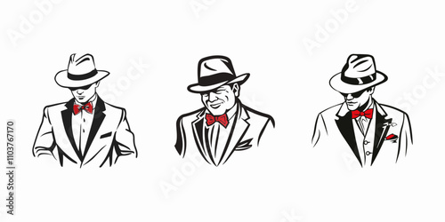 Stylized male figures in suits with imposing hats and red ties.
