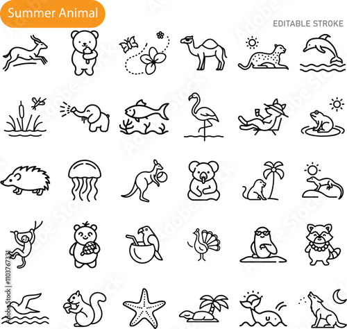 Summer Animal Icons Diverse Wildlife, Editable Stroke, Line Art