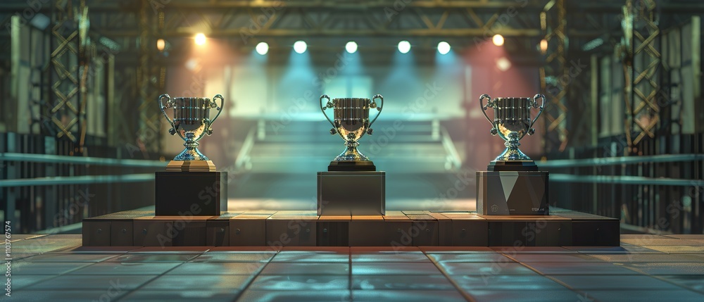 Sleek Winners Podium with Silver, Gold, and Bronze Trophies for Award Ceremony