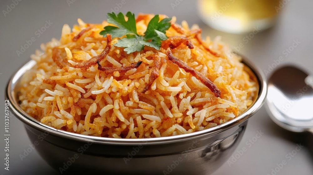 Aromatic Rice Dish Garnished with Herbs and Crispy Onions Indian food cuisine