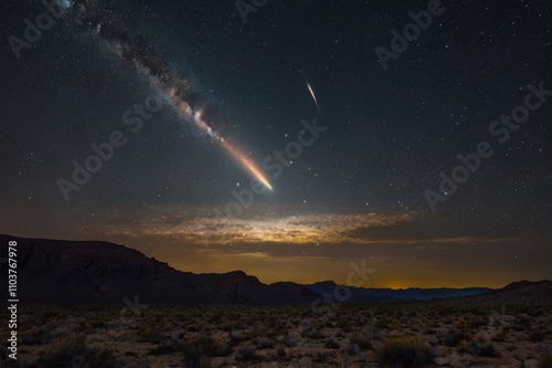 A luminous comet blazing through a starry night sky. photo