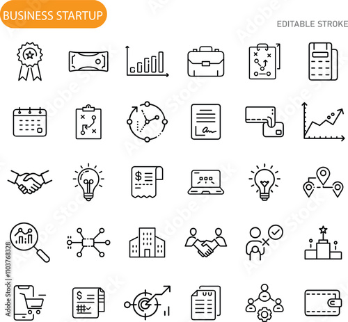 Business Startup Icons Planning, Finance, Growth, and Success