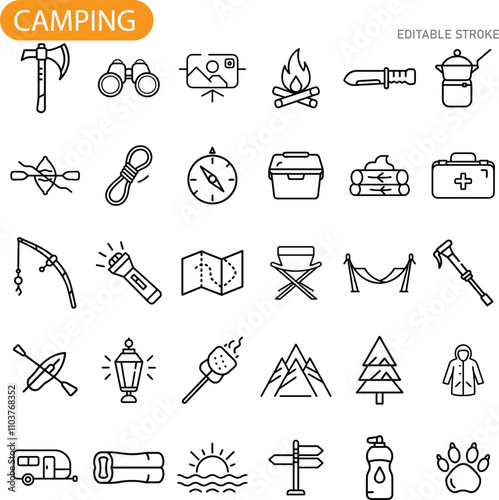 Camping Gear Icons Outdoor Adventure Equipment Essentials Collection