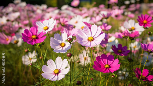 Beautiful cosmos flowers in a field. Vibrant colors and natural beauty.