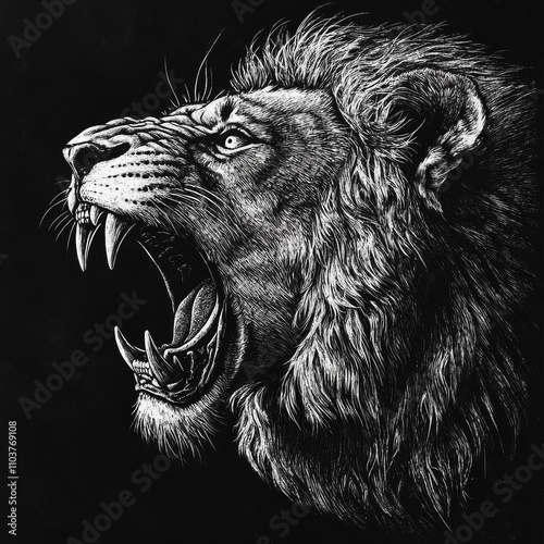 A leaping lion, snarling with its sharp teeth bared, representing power and dominance. The tattoo design is drawn in scratchboard-style engraving, highlighting the lionâ€™s commanding presence and photo