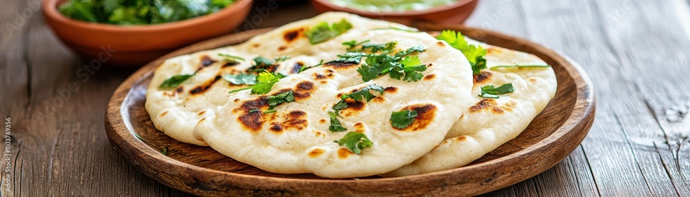 Freshly Cooked Naan Bread Garnished with Coriander and Side Dishes Indian food cuisine Freshly Cooked Naan Bread Garnished with Coriander and Side Dishes Indian food cuisine