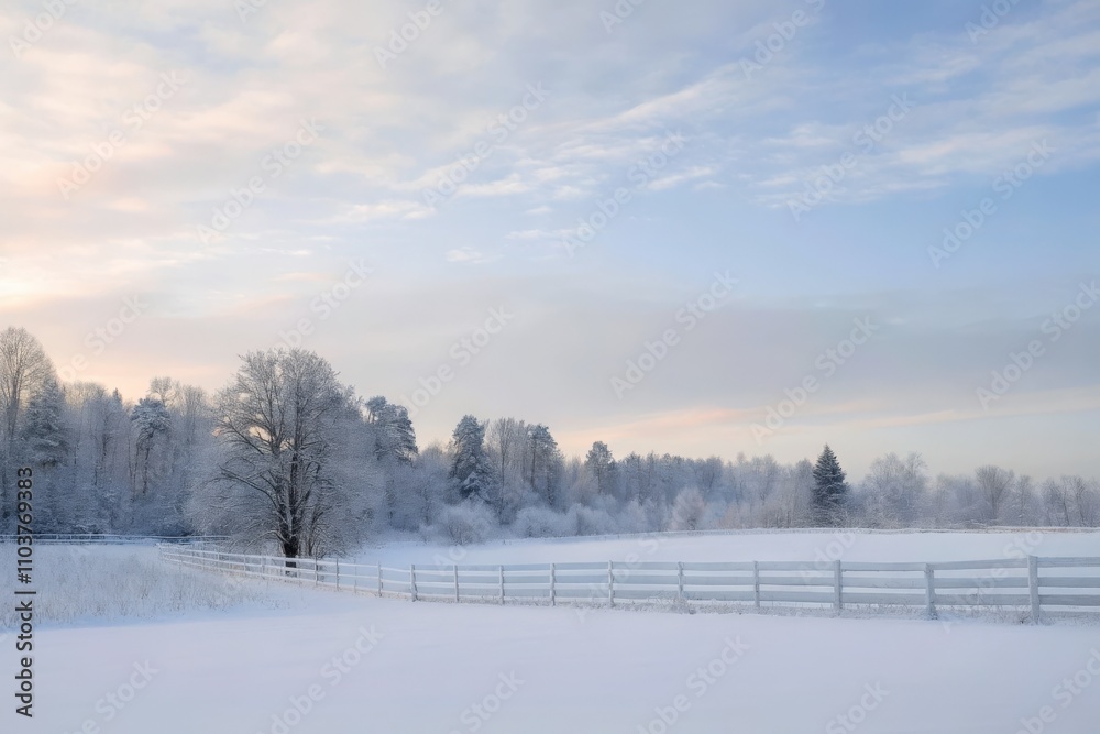 Frosty Winter Field with Wooden Fence and Soft Morning Light Breaking Fog