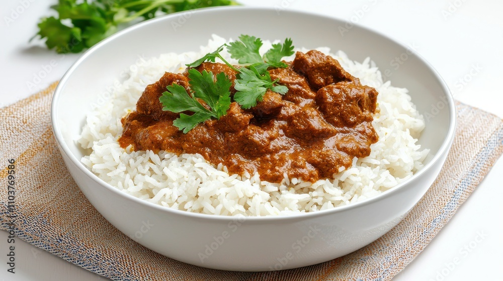 Delicious Curry Dish Served on White Rice with Fresh Coriander Indian food cuisine Delicious Curry Dish Served on White Rice with Fresh Coriander Indian food cuisine