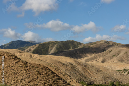 Rolling hills in the scenic landscape of remote parts of Kyrgyzstan