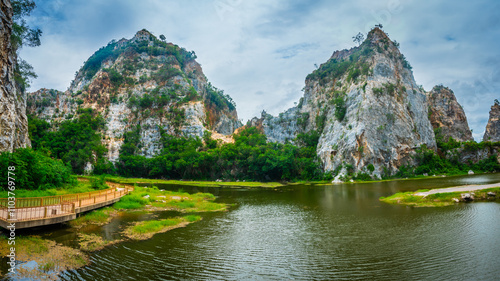 Panorama landscape of Khao Hin Ngu or Khao Ngu Stone Park is a beautiful, tall rock formation that is a symbolic tourist attraction of Ratchaburi Province, Thailand.