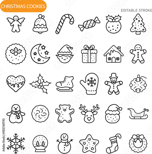 Christmas Cookie Icons Festive Treats, Holiday Symbols, Editable Stroke