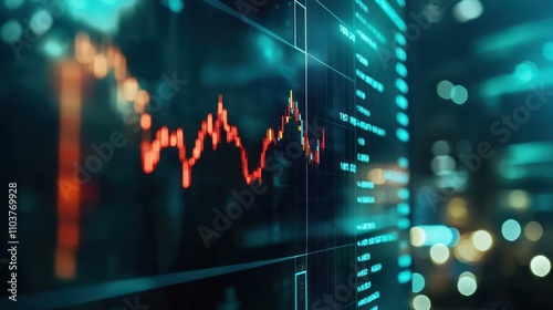 A digital stock market graph displaying financial data with fluctuating red and white lines on a blue background, indicating market activity and trends.