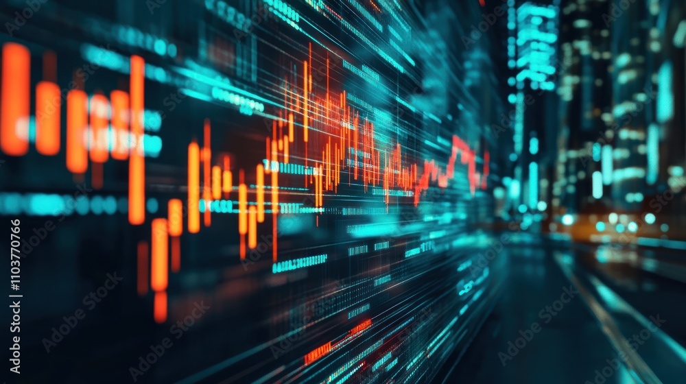 Abstract technology background featuring digital data and market exchange with glowing graphs indicating financial trends on a dynamic backdrop of futuristic networks.
