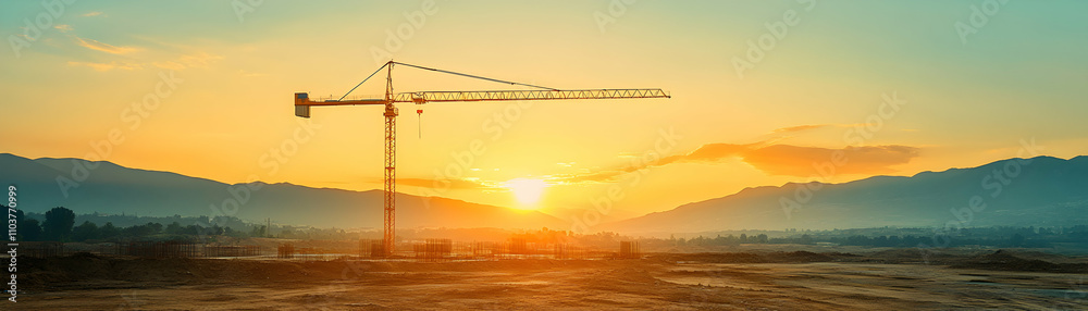 Construction Crane at Sunset Over Mountains Construction Crane at Sunset Over Mountains