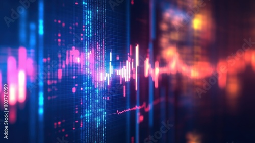 Abstract representation of financial stock market data on a digital display with glowing graphs, numbers, and trend lines in blue and red colors.