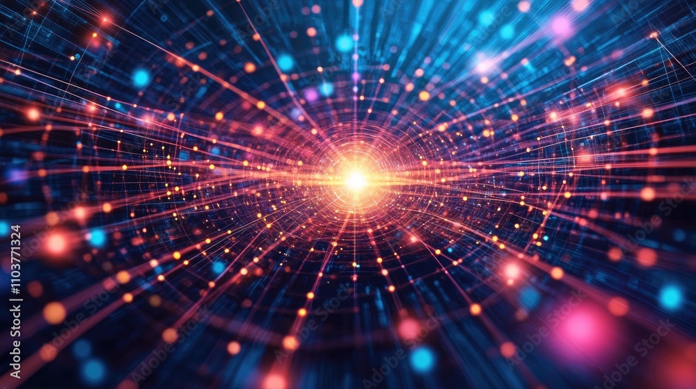 Vibrant digital ecosystem visualization with luminous core and neon pathways illustrating technology connectivity and network dynamics. Vibrant digital ecosystem visualization with luminous core and neon pathways illustrating technology connectivity and network dynamics.