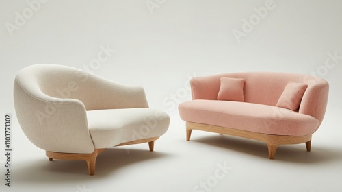 Cureved sofas and armchair. Stylish Scandinavian style curved sofas in soft colors and wood legs photo