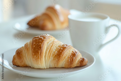 Breakfast with coffee and croissants on table in morning light