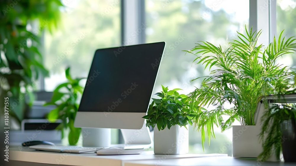 Fototapeta premium Office work space with desk and computer screen between green plants and large bright windows