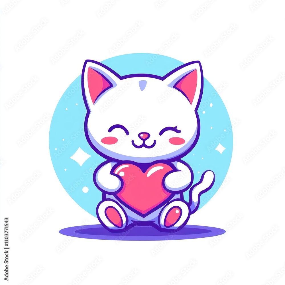 Fototapeta premium Here's a possible and keyword list for your image.. Cute cartoon cat holding heart.