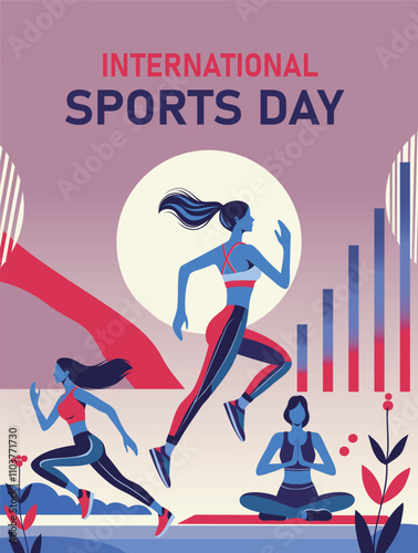 Sports day. Women jumping, running and yoga. Vector flat illustration of a woman in sports. Design trendy fashionable colors with abstract minimalistic background. Suitable for the project fitness 