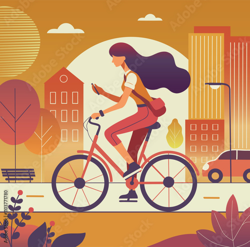  Vector bright flat illustration girl riding a bicycle in the city. Girl going to work, girl courier against the background of the city in red orange colors. Suitable for banner, social networks