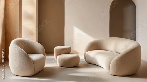 Cureved sofas and armchair. Modern curved sofas in minimalist setting create cozy atmosphere photo