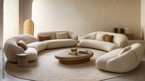 Cureved sofas and armchair. Modern curved sofas create cozy and stylish living space photo