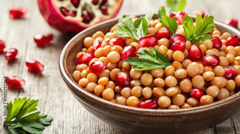 Fresh Lentil Salad with Pomegranate Seeds and Green Herbs Indian food cuisine