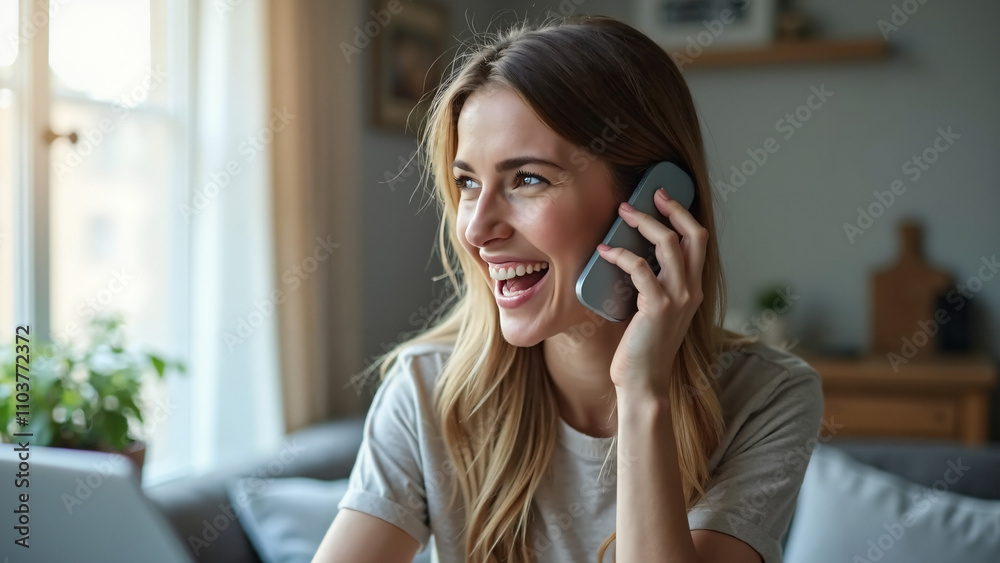 Woman laughing during phone call: Voice-to-text technology, AI chatbot assistance, and speech recognition for social media content Woman laughing during phone call: Voice-to-text technology, AI chatbot assistance, and speech recognition for social media content