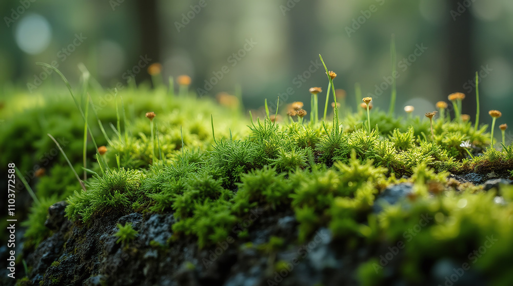 Green Lush Moss in Forest or Woods, Macro Close-up Green Lush Moss in Forest or Woods, Macro Close-up